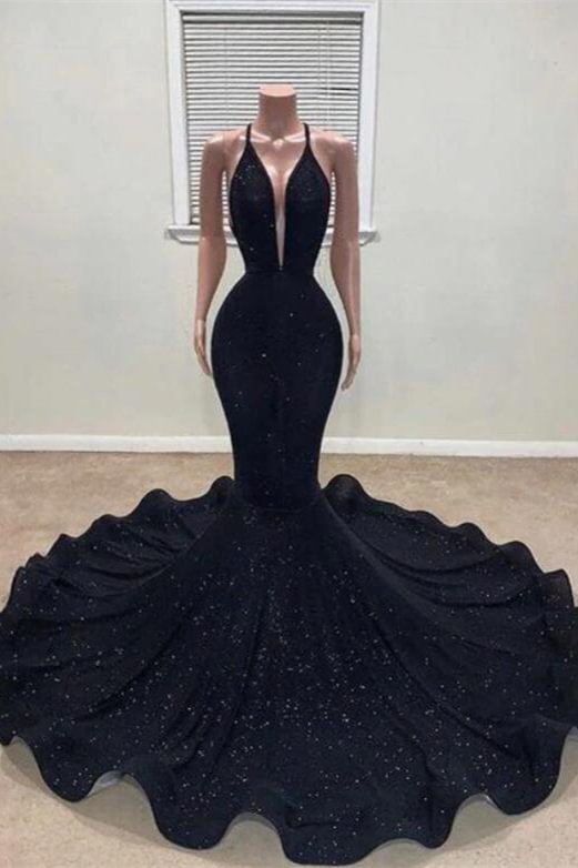 Luluslly Black Mermaid Prom Dress Halter Long Evening Party Gowns