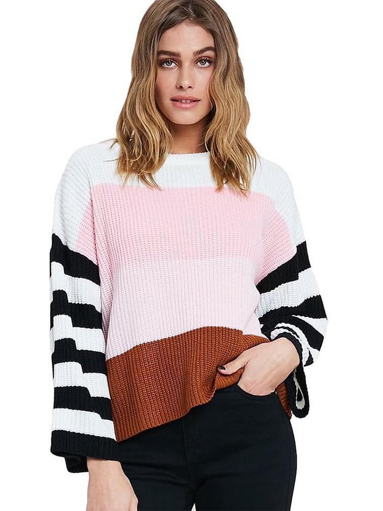 Mayoulove Women Knitwear Cozy Stripe Round Neck Long Sleeve Sweater-Mayoulove