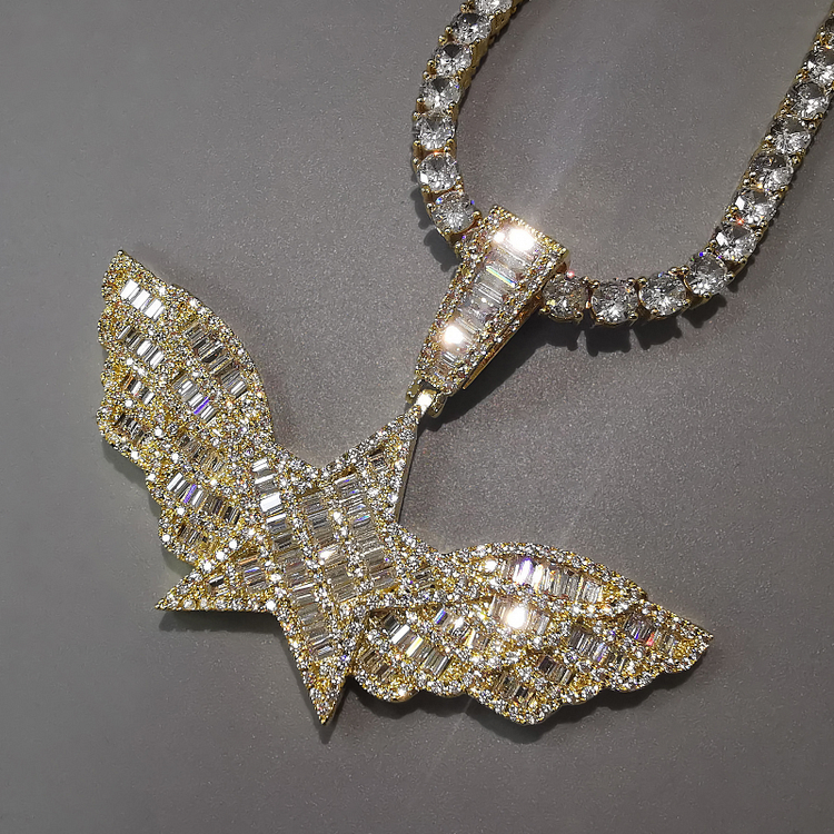 Baguette CZ Stone Stars Wings Pendant Iced Out Necklace Jewelry