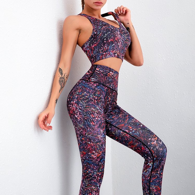 Printed Yoga Clothes Women's Beautiful Back Sports Bra High Waist Peach Hip Tights