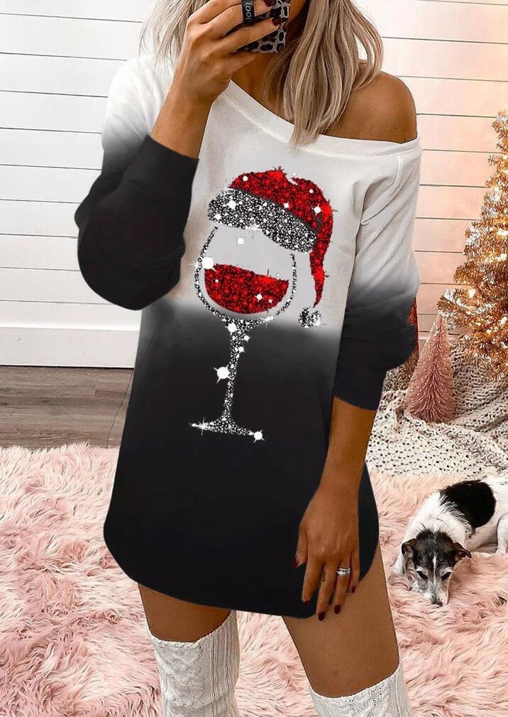 Crew Neck Red Wine Glass Hat Printed Casual Dress