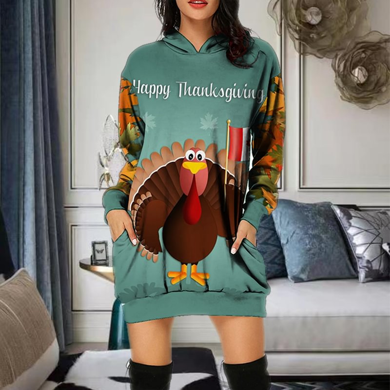 Happy Thanksgiving Printed Casual Women Hooded Dress