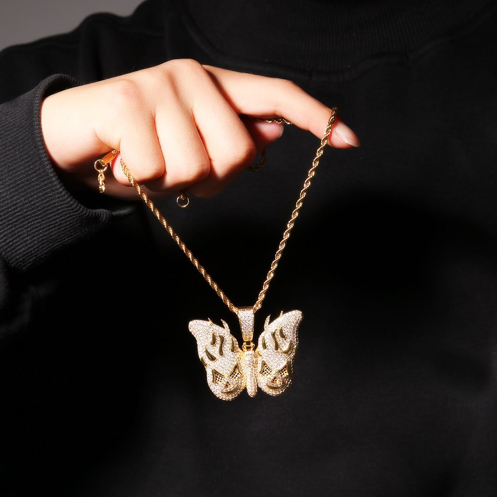 Iced Out Flame Butterfly Pendant Zircon Necklace Hip Hop Jewelry-VESSFUL