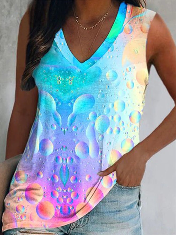 Bubble Print V Neck Casual Loose Colorful Sleeveless Top