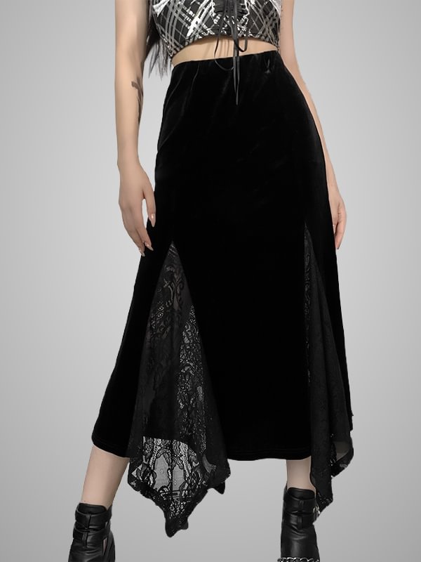 Goth Irregular Lace Suede Midi Skirts