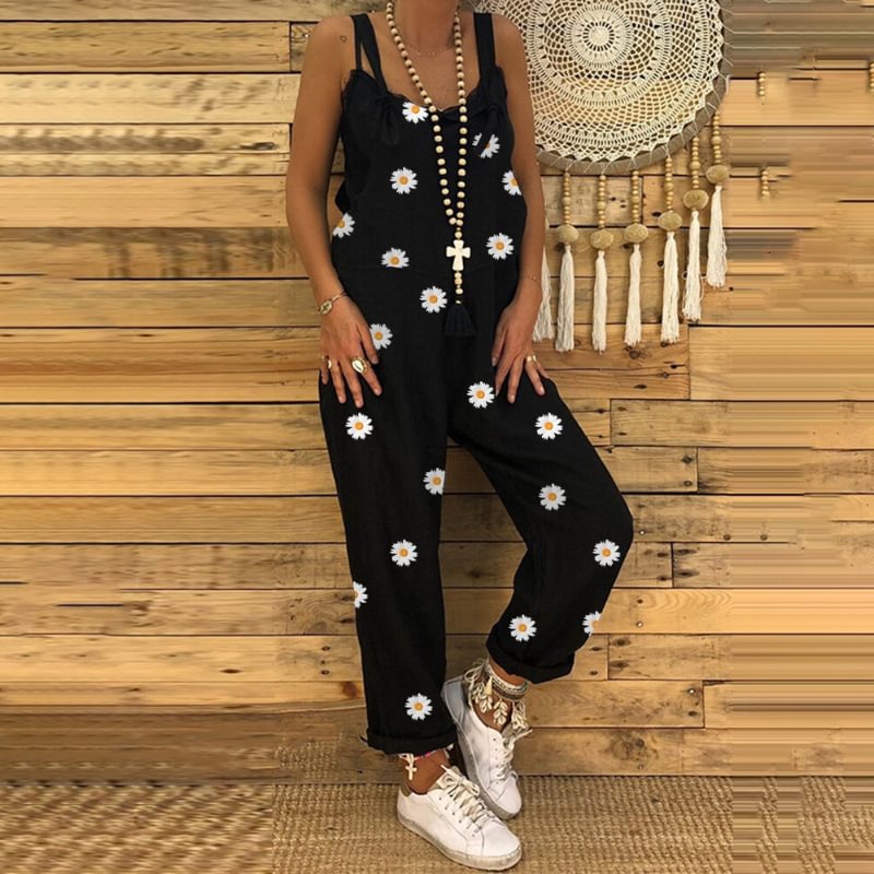 Casual daisy printed adjustable strap loose jumpsuit