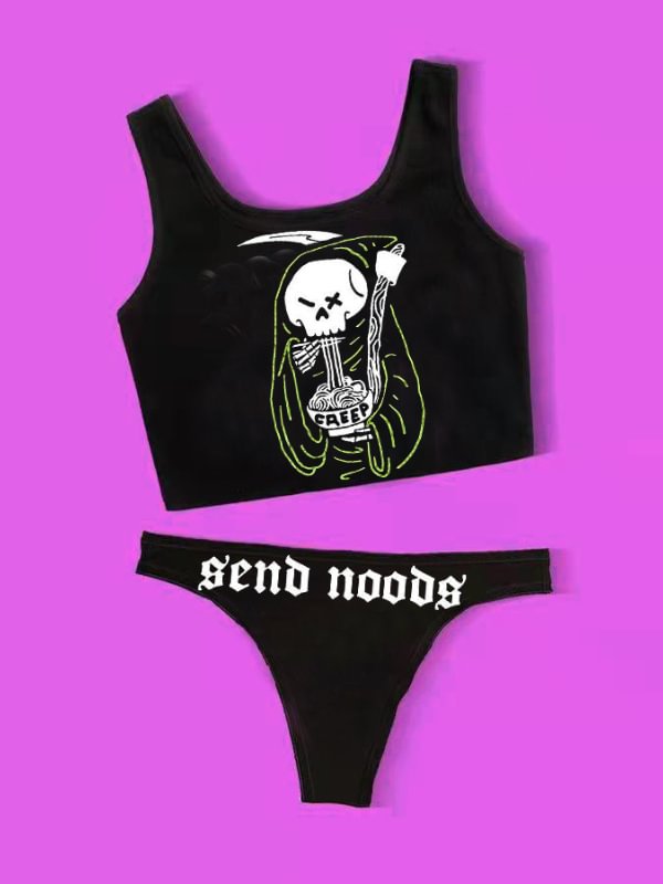 Skull Eating Color Block Vest Triangle Bottom Two-piece Bikini Sets Swimwear