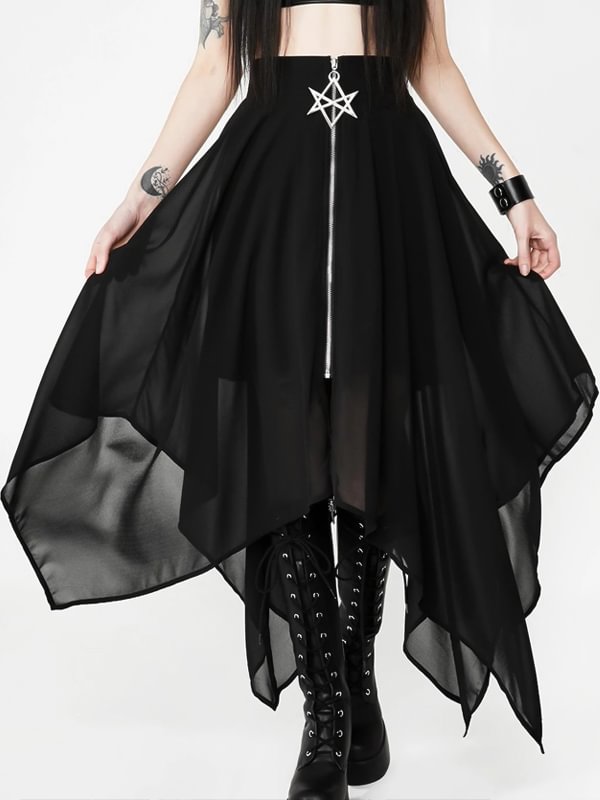 Dark Cool Mesh Irregular Hexagram Zipped Long Skirt