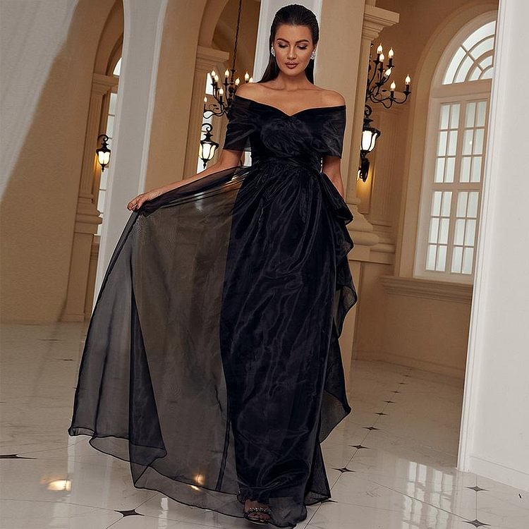 Promsstyle Lady Off Shouler Short Sleeve Defined Waist Flounce Black Silk Dress