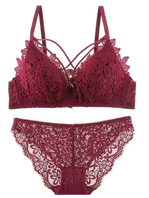 Lace Embroidery Upper Support Breasts Gather Together Sexy Lingerie Set-Icossi