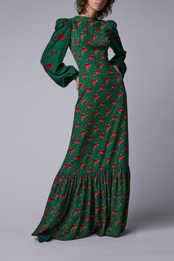 Floral Print Lantern Sleeve Green Maxi Dress P11872