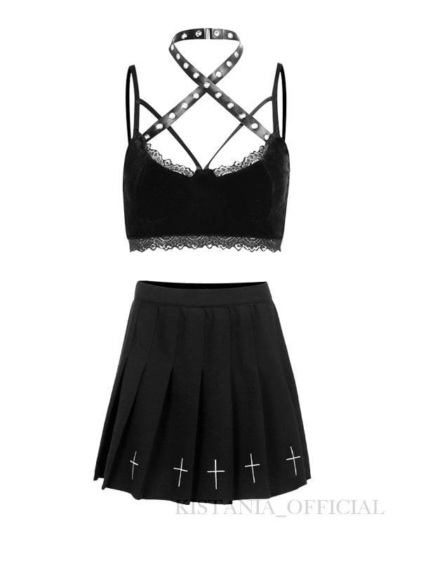 Velvet Lace Spaghetti Sexy Goth Cropped Cami Top + Dark Angel Pleated Gothic Skirts with Lining 2 Pieces Sets