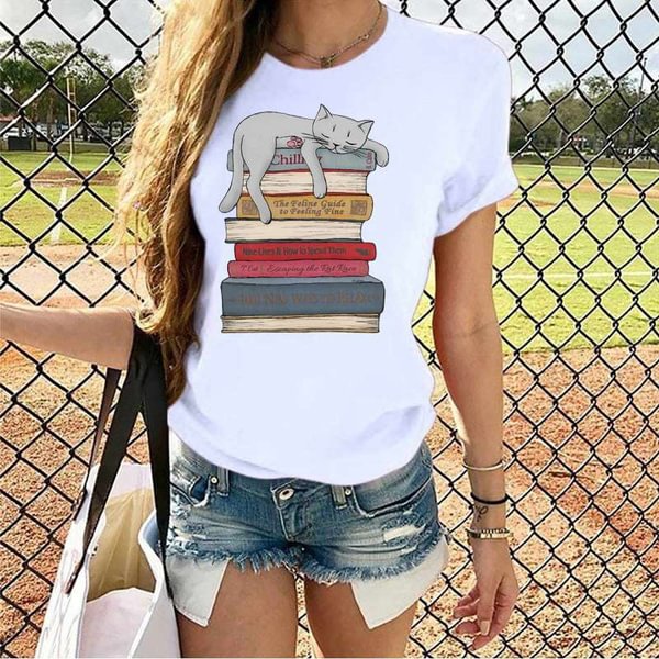 Funny Cat On The Books Print T-shirts Summer Short Sleeve Tee Shirts For Women Round Neck Ladies Personalized Tops