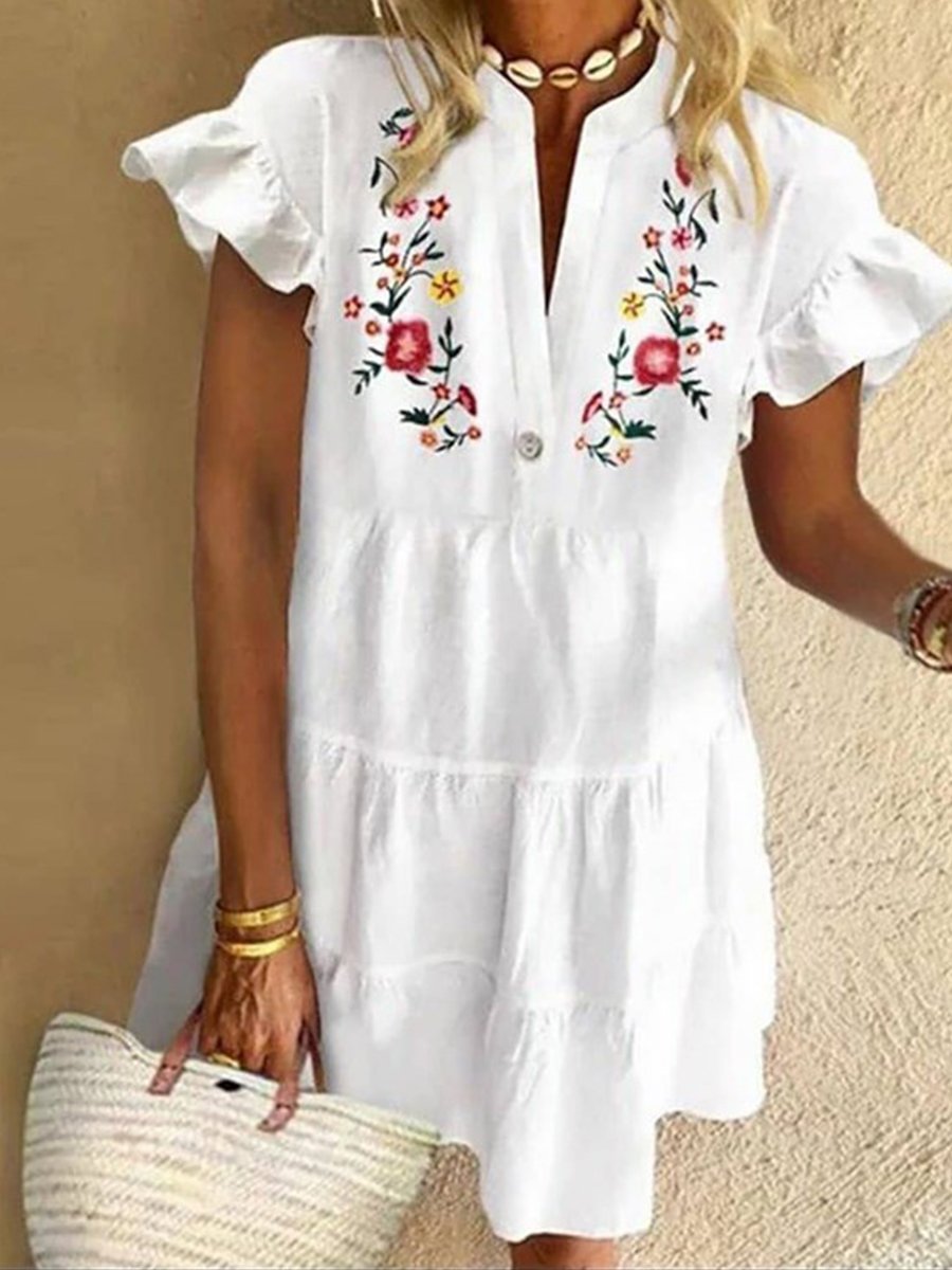 Ethnic White Ruffled Short-sleeved Loose Dress P11446