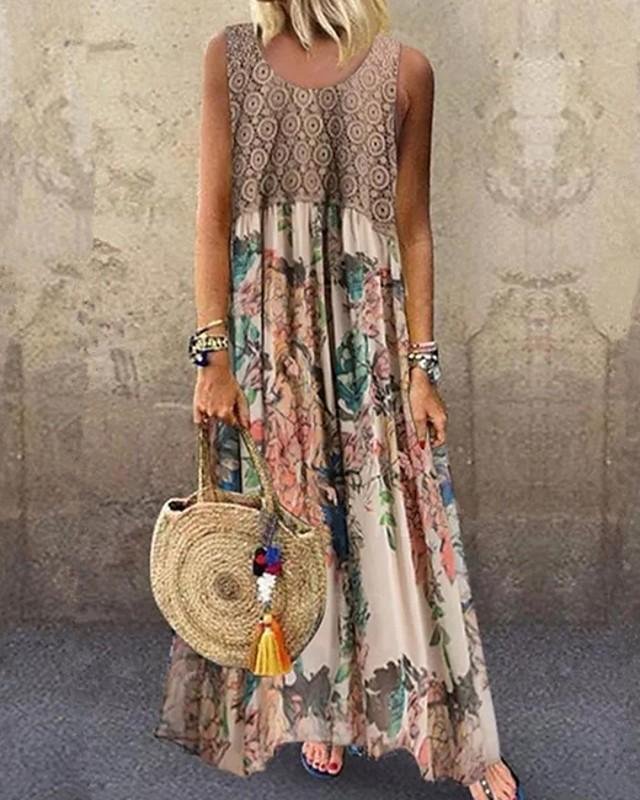 Women's Maxi long Dress Sleeveless Floral Print Summer Hot Beige S M L XL XXL 3XL 4XL 5XL-Corachic