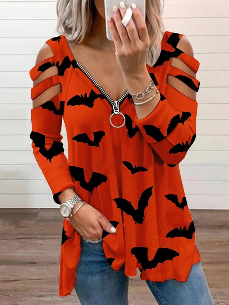Halloween Pumpkin Bat Print Hollow V-neck Long-sleeved T-shirt-Mayoulove