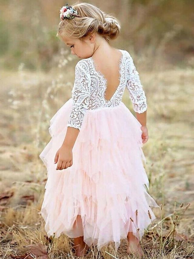 Kids Girls' Princess Party Daily Solid Colored Flower Lace Layered Long Sleeve Dress White / Cotton-Corachic