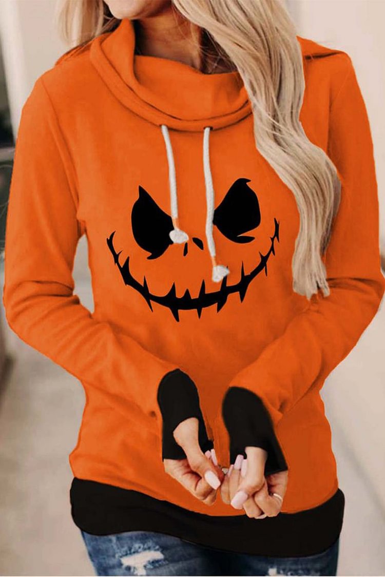 Women's Sweatshirts Halloween Face Print Turtleneck Sweatshirt-Mayoulove