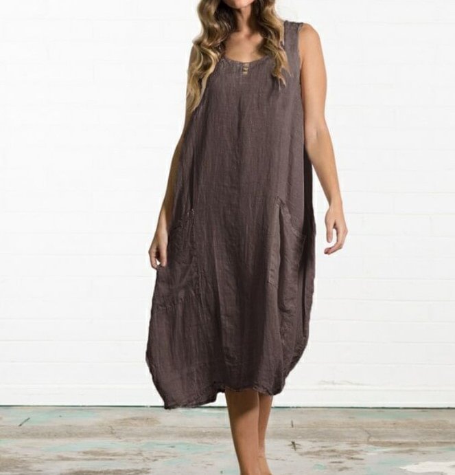 Large Size Loose Cotton Linen Sleeveless Dress Solid Color Pocket