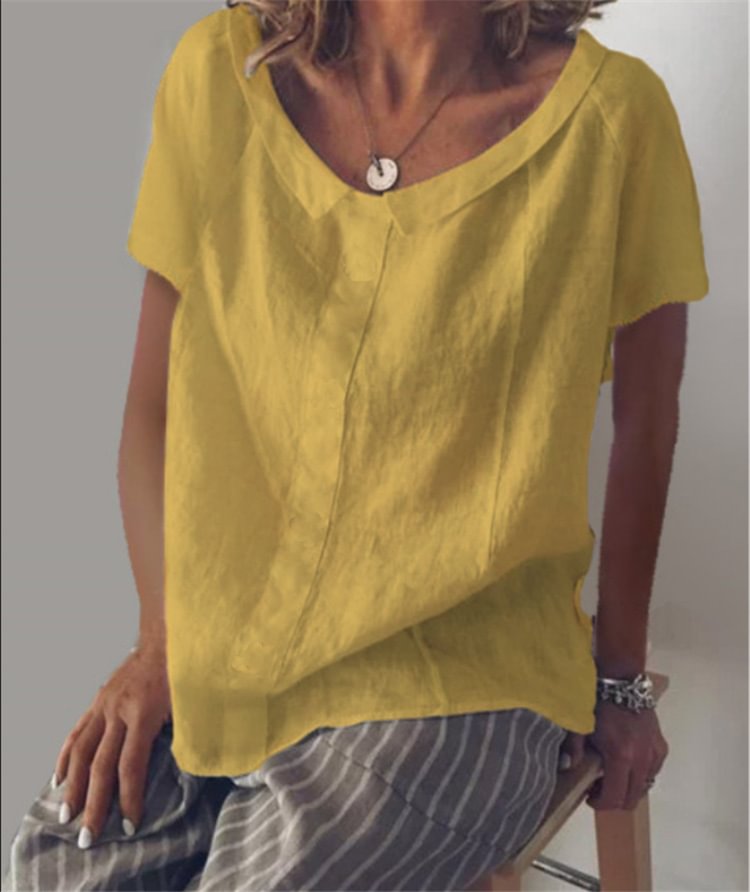 Women's Casual Solid Short Sleeve Shirts & Tops Round Neck Short Sleeve Cotton Hemp Pullover T-shirt Women's Wear