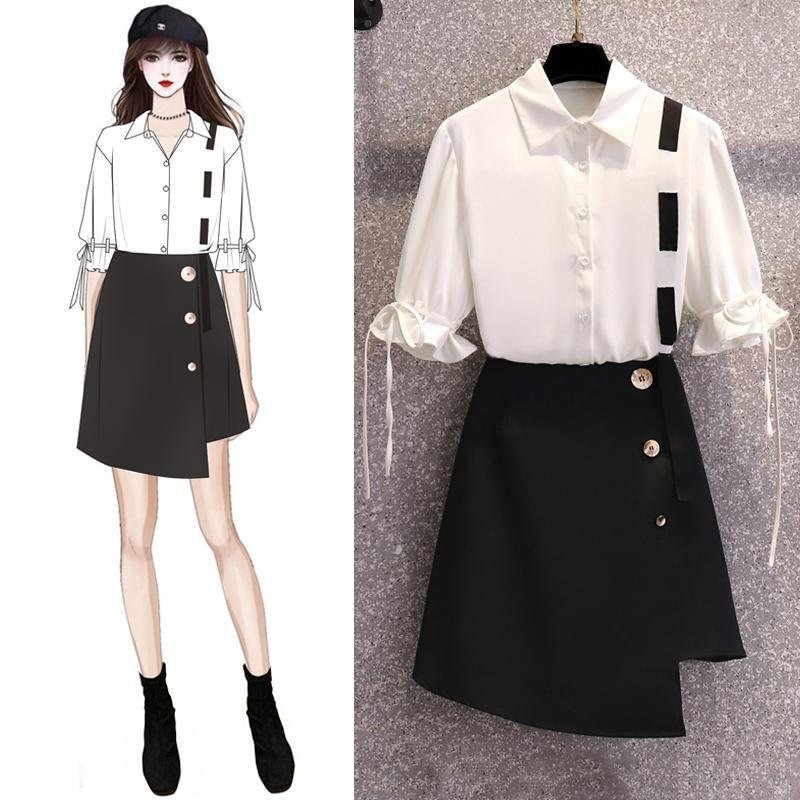 Fashion Ruffle Sleeve Tee+Button Skirt P11683