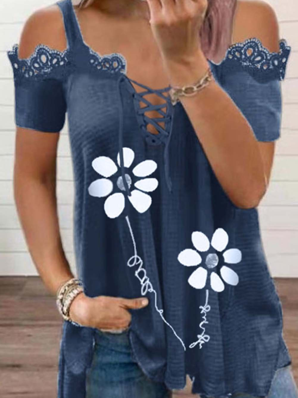 Womens Floral Print Cold Shoulder Casual Top