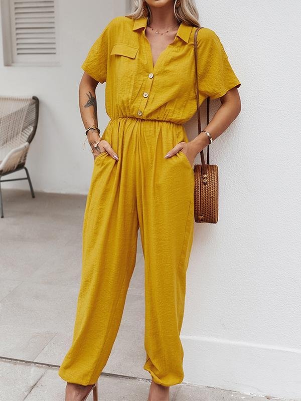 Women Button Down Short Sleeve Jumpsuit-Mayoulove