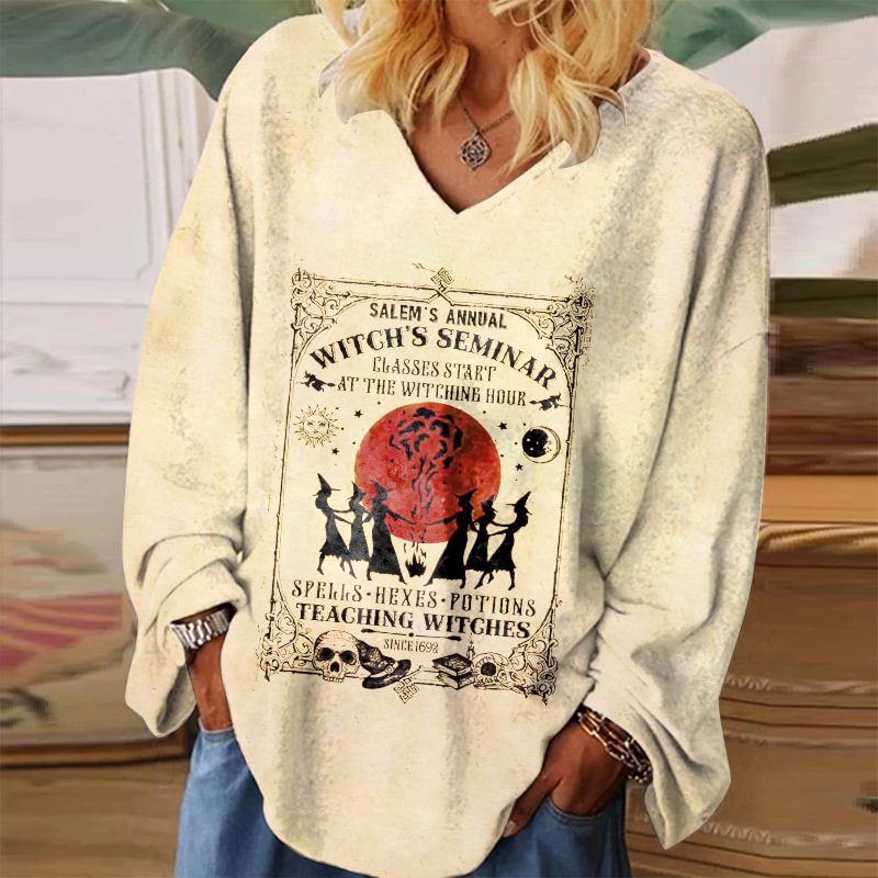 Salem's Annual Witch's Seminar Print Long Sleeves Loose T-shirt
