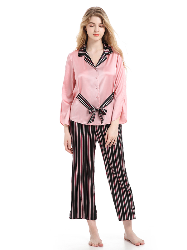Classic V Neck Striped Silk Pajamas Set Pink