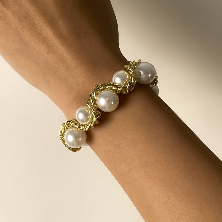 Vintage Metal Twisted Woven Style Pearl Bracelet