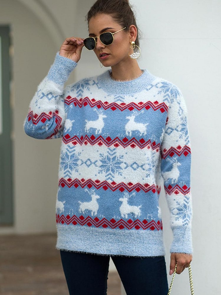 Mayoulove Christmas Jumper Fashion Crew-neck Snowflake Fawn Print Sweater-Mayoulove