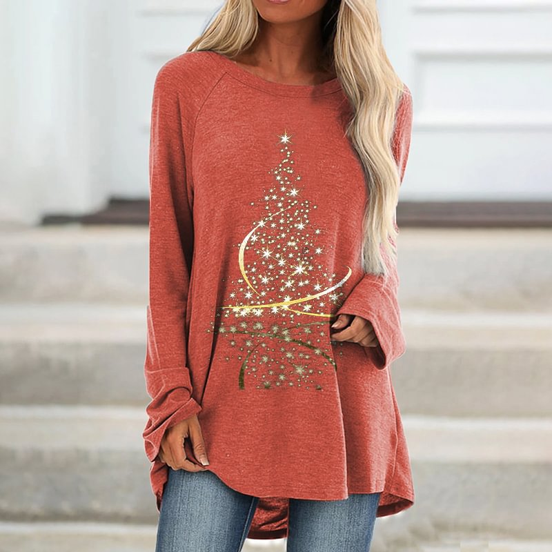 Sparkle Christmas Tree Printed Women's Loose T-shirt