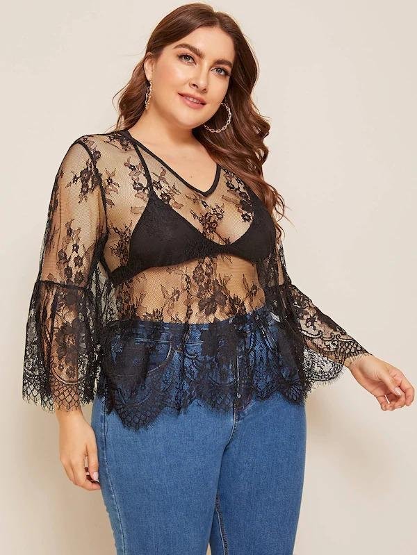Plus Flounce Sleeve Sheer Lace Top Without Bra-Corachic