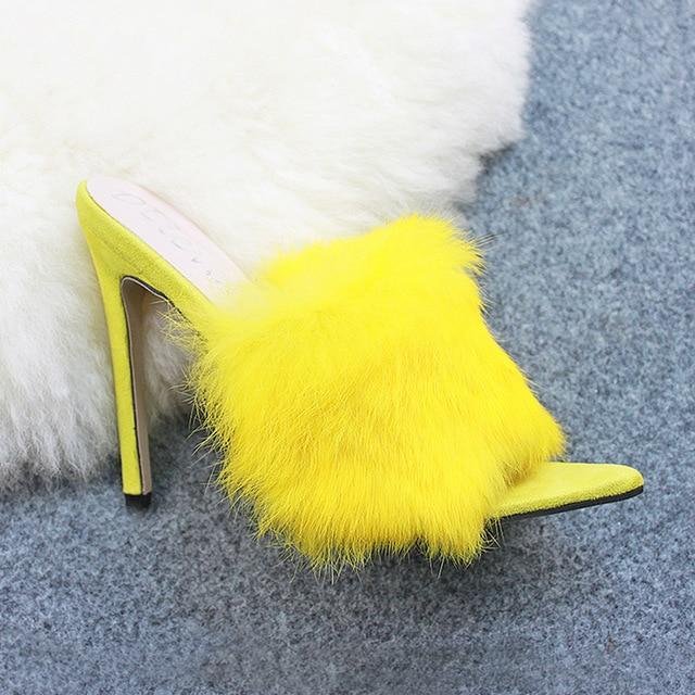 Candy Color Luxury Rabbit Fur High Heel Sandals Slippers Large Size Sandal Shoes-Corachic