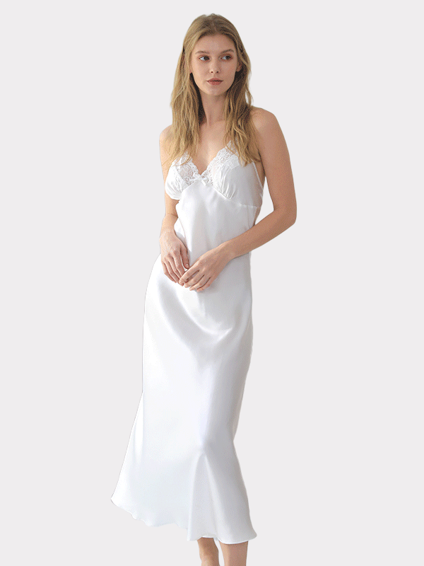 Plain Color Elegant Long Silk Nightgown
