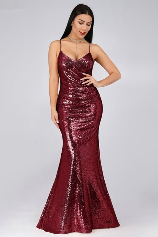 Sexy Spaghetti-Straps Sequins Long Mermaid Evening Prom Dress Online