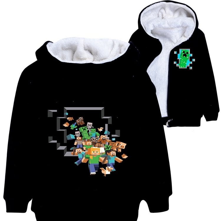 Mayoulove Minecraft Sherpa Lined Hoodie Fleece Sweatshirt Full Zip Jacket for Kids-Mayoulove