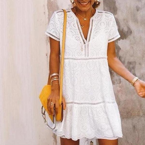Women's Bohemian Vacation Lace White Mini Dress
