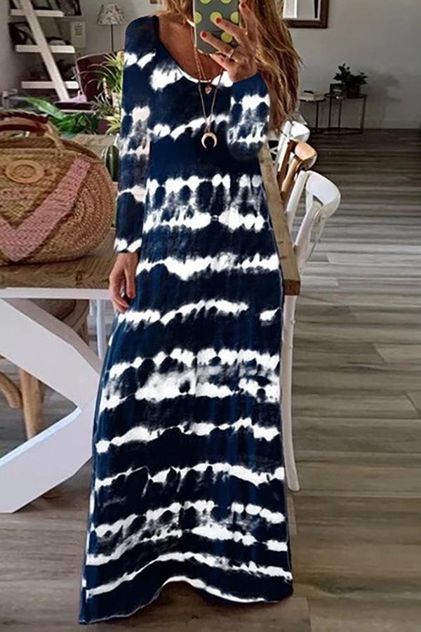 Printed Long Sleeve Striped Maxi Dress (6 Colors) P14235