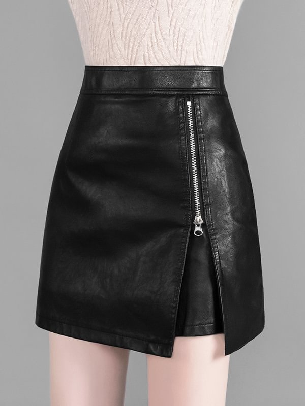 Gothic Dark Solid Zipper Slit High-rise PU Leather A-line Skirt with Underwear