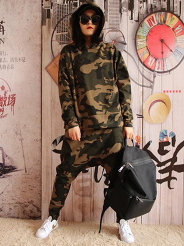 Camouflage Casual Solid Hoodie&Pants Suits