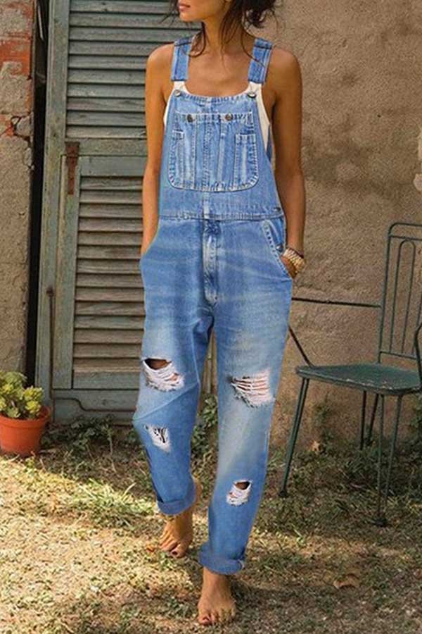 Womens Washed Ripped Hole Denim Overalls-Allyzone-Allyzone