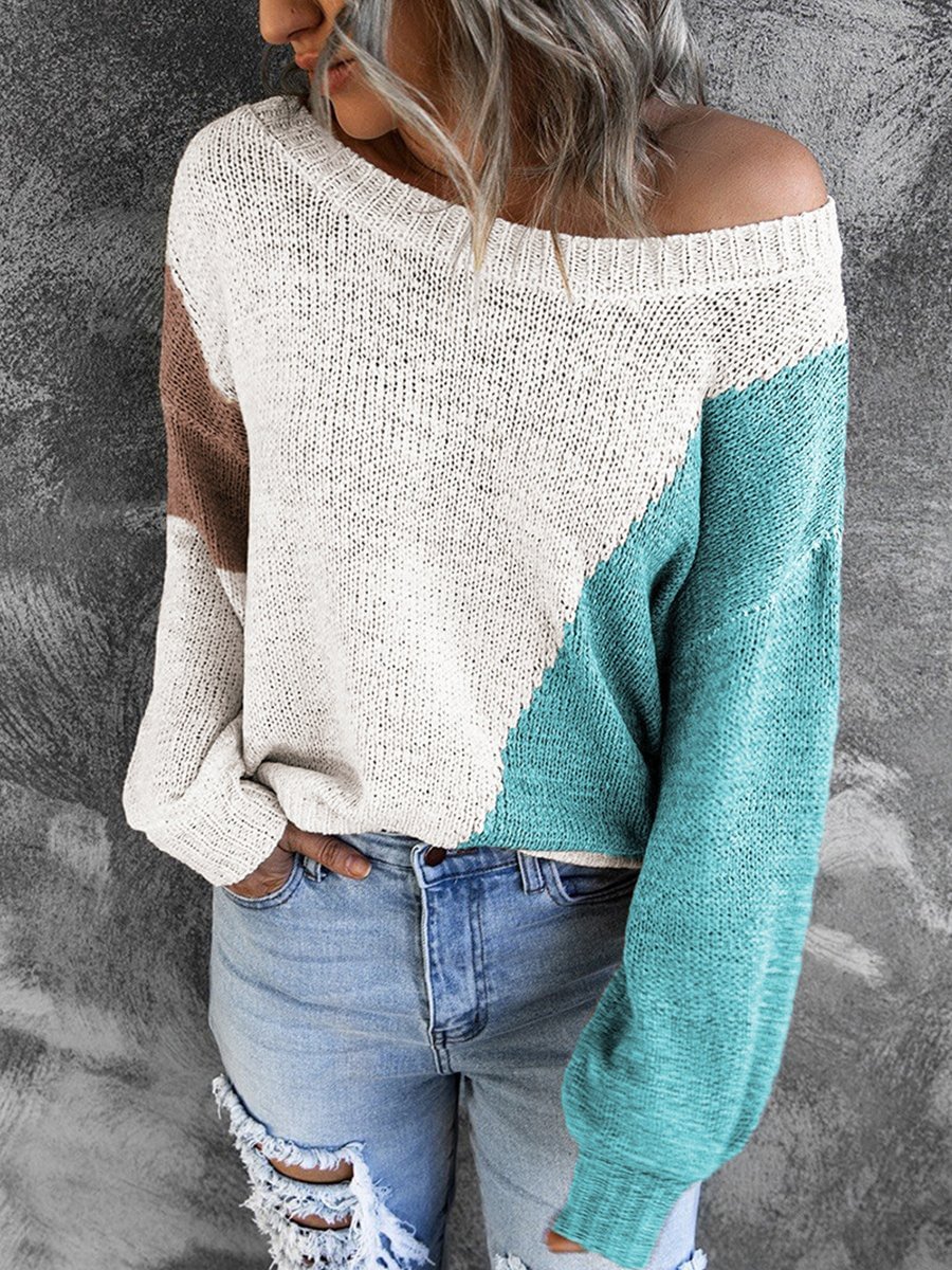 Irregular Color Block Off-shoulder Sweater P12388