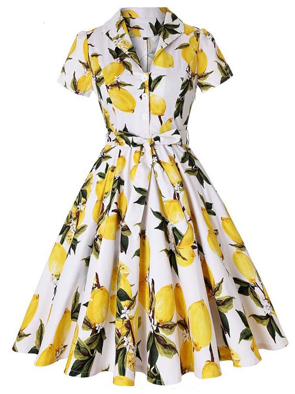 Yellow 1950s Lemon Bow V-neck Swing Dress