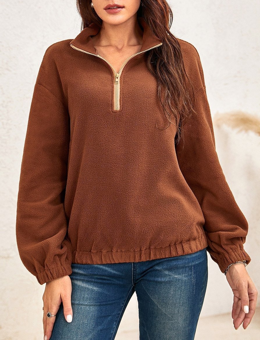 Ladies Zipper High Neck Fleece Long-sleeved Sweater-Corachic