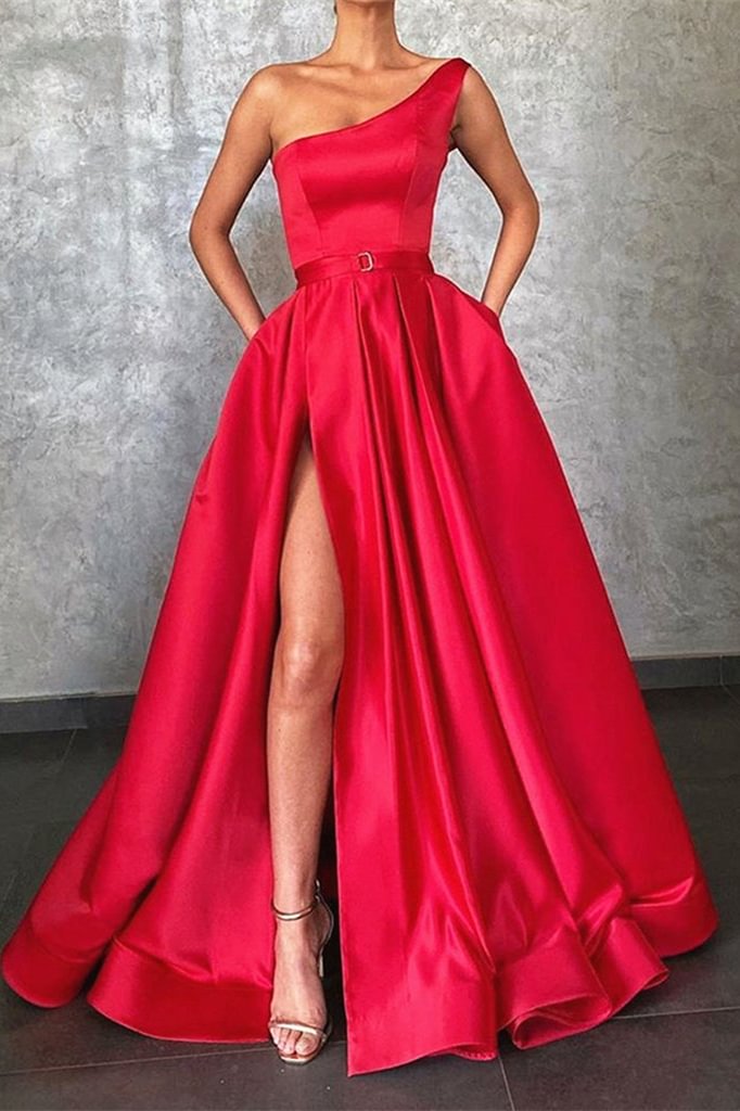 Luluslly One Shoulder Red Prom Dress Split With Pockets