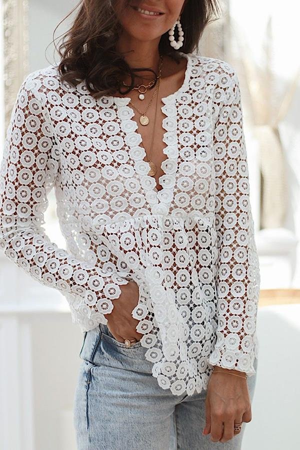 Lace See-through Solid Color Top P12992