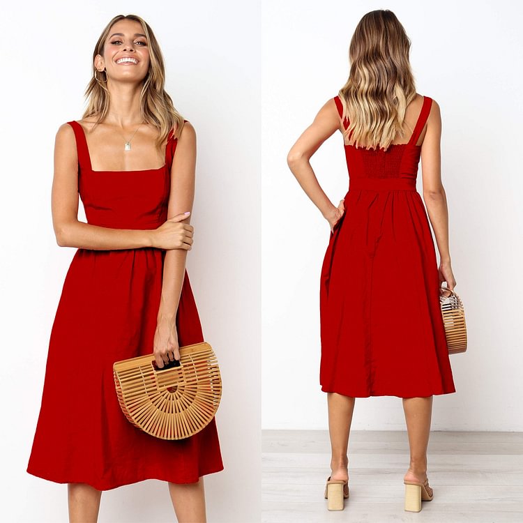 Summer Sexy Strap Pleated Solid Sleeveless Dress