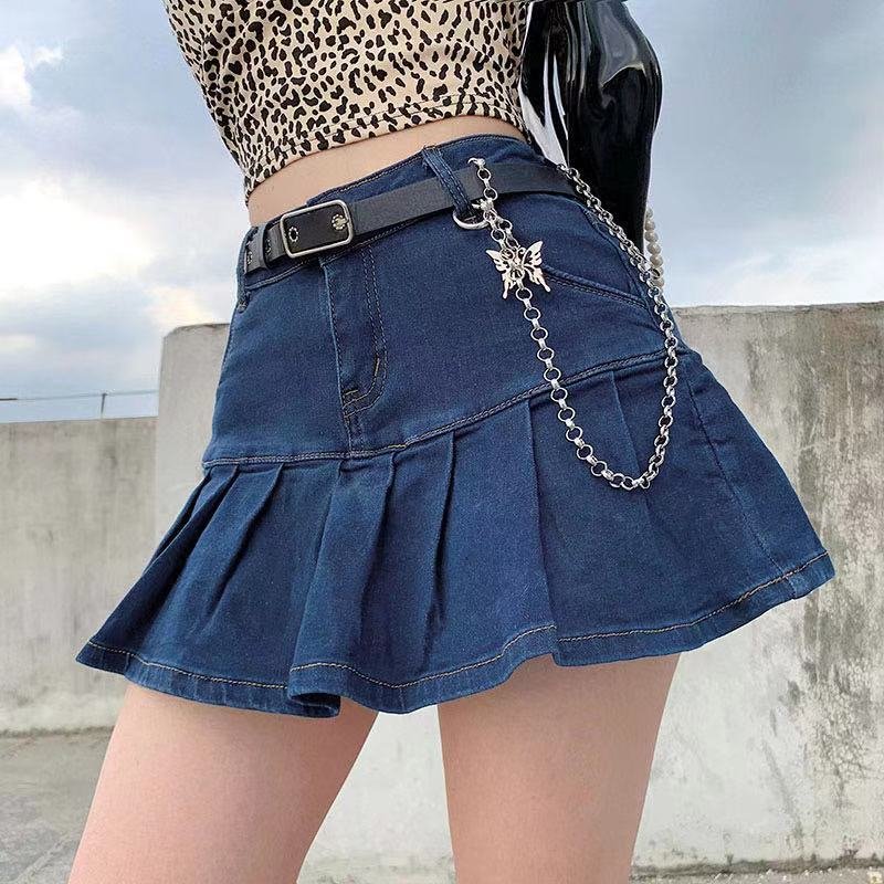 Hot girl European and American style high waist ruffled pleated denim skirt with inner lining and anti-glare