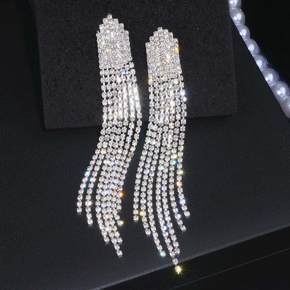 Long Tassel Luxury Crystal Big Drop Dangle Earring-VESSFUL